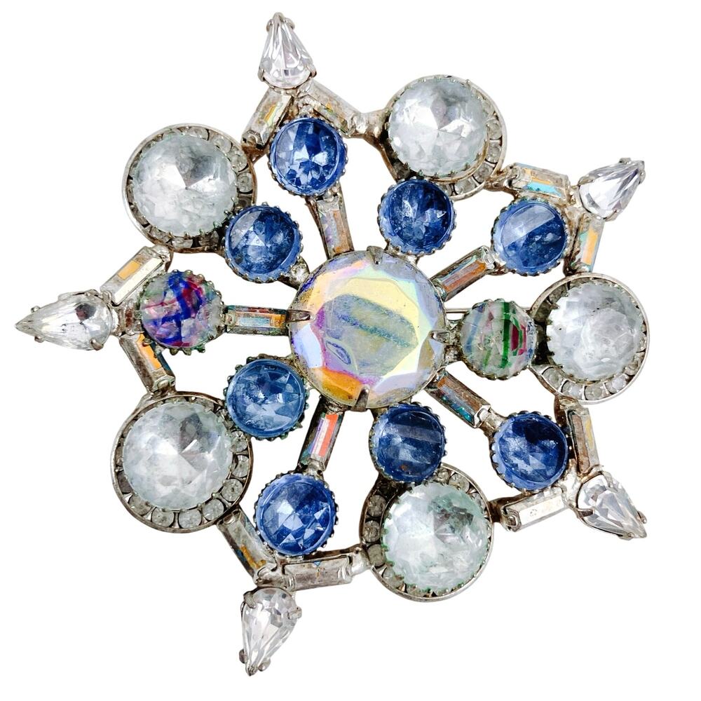 VTG KJL Kenneth Lane Snowflake Brooch AB Striped Blue Rhinestone Silver-tone 60s